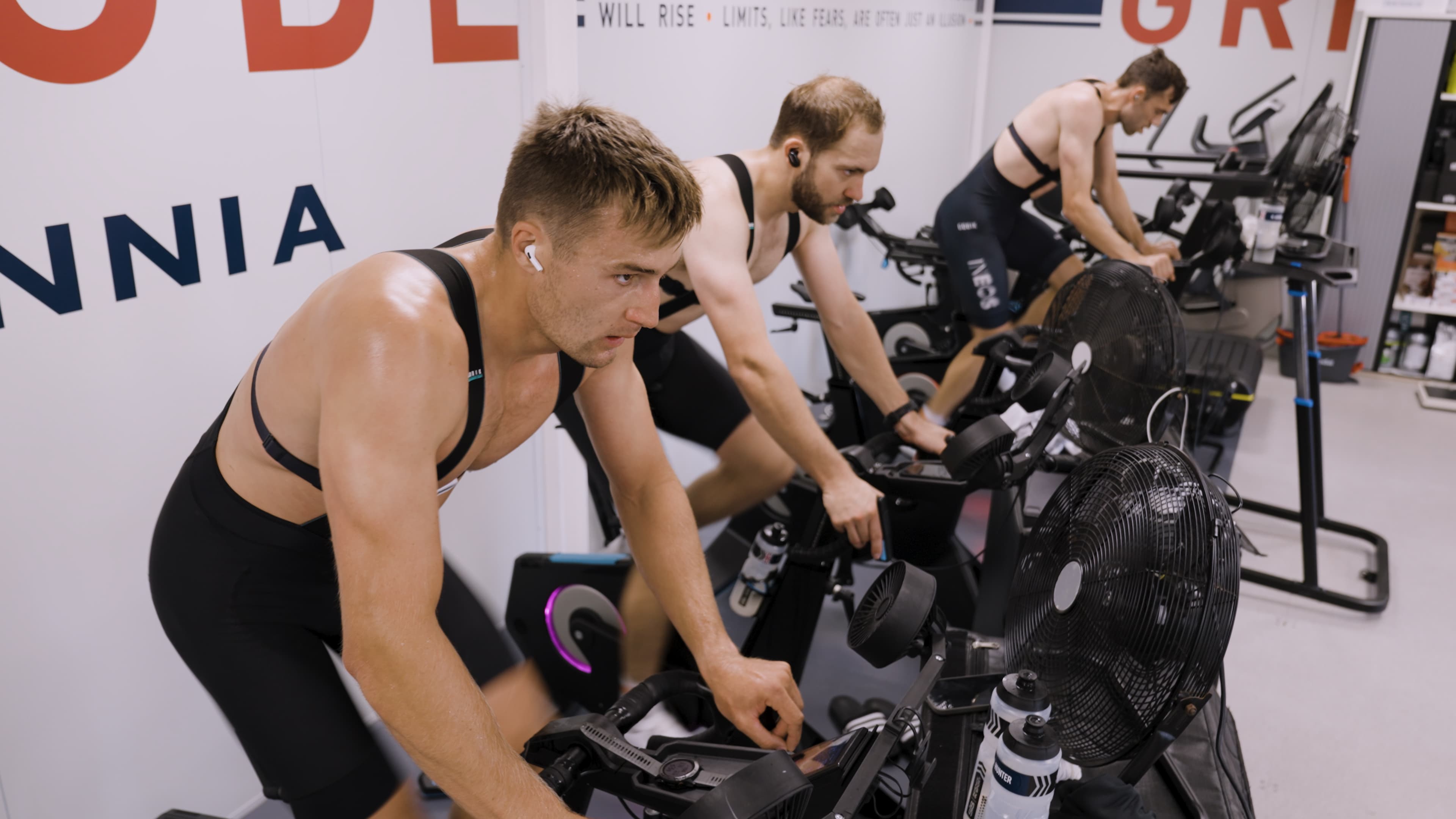 INEOS Britannia cyclors training in the gym for the America's Cup